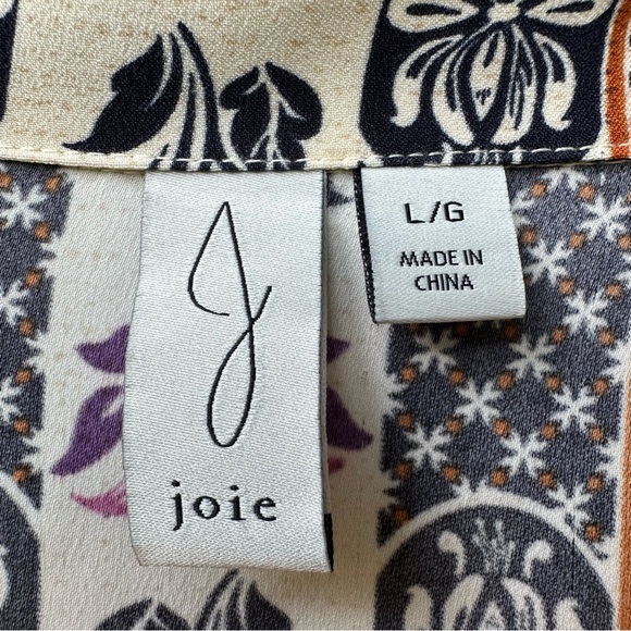 Joie Floral Boho Shirt Dress Large Cream Navy Multicolor Button Front Ruffle Hem - Picture 3 of 10